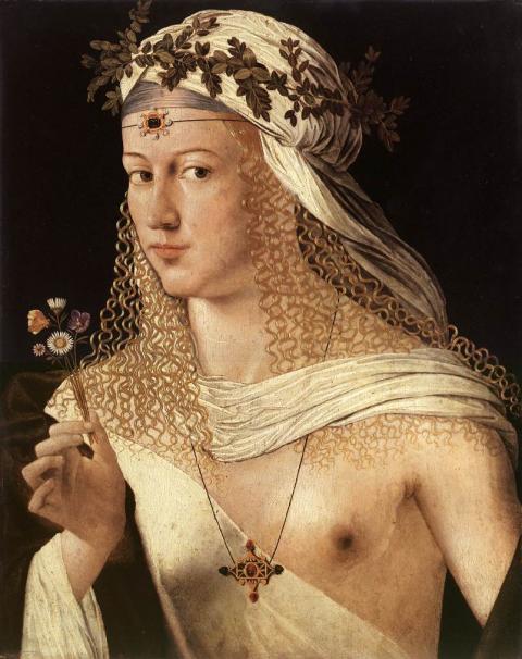 A woman wearing a white dress and a crown of leaves gazes out at the viewer. She holds a small bouquet of flowers. Her left breast is exposed.