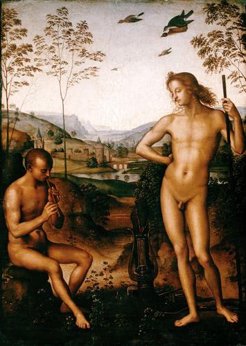 Apollo watching a man play a flute. While the title is Marsyas, the painting does not include is faun features so is now thought to be Daphne- a student of Apollo. 