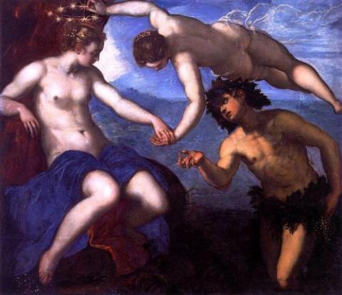 Bacchus offers Ariadne a ring while Love floats above them. 
