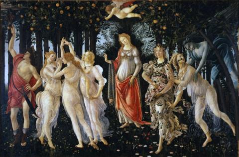 Venus, Hermes, Flora, Zephyrus, a nymph and three dancing girls together under orange trees.