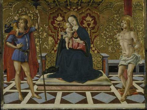 An enthroned Mary sits with a young Christ. St. Christopher stands on her right with a child Christ on his shoulders, St. Sebastian stands bound to a column on her left. 