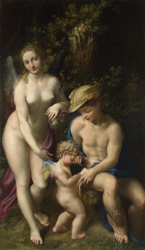 A winged Venus gazes out toward her viewer as Mercury and a young Cupid look over a piece of paper.