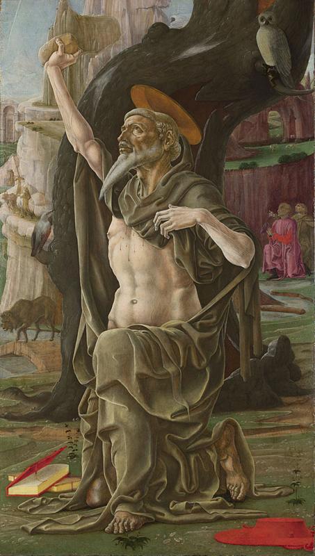 Saint Jerome kneeling in the desert, raising his right arm up toward the sky. 