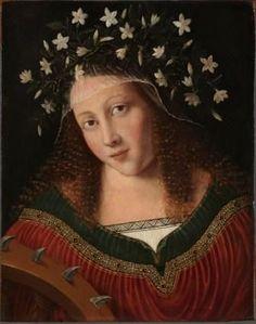St. Catherine gazes out at her viewer, wearing a blooming crown of bay while holding a spiked wheel.