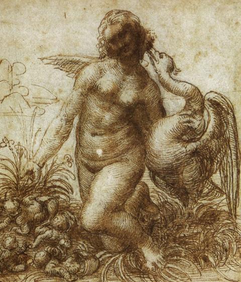 A pen drawing done by Leonardo da Vinci of Leda, Zeus as swan and their hatching eggs.  