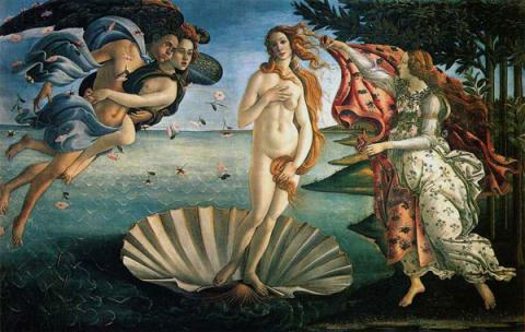 A nude Venus emerges from the ocean on a giant shell. Flora approaches from the right to drape her with a cloak. Zephyrus and Boreas blow wind on Venus's left.