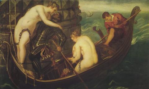 Two nude women free themselves from shackles in a boat. A woman embraces a man in armor. A young man dressed in pink steers the boat.