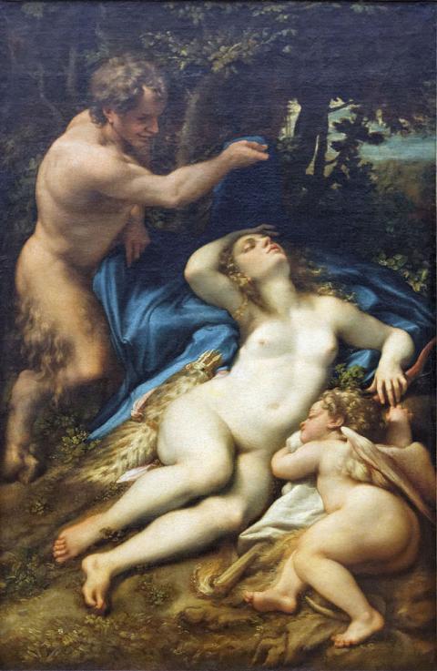A satyr shades a naked and sleeping Venus with a blue cloth. A young, sleeping Cupid and his flaming torch rest by Venus's right side.