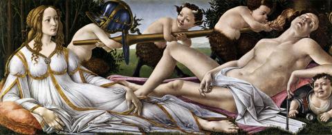 Venus, dressed in white and gold, sits alert as Mars reclines and sleeps across from her. Four young fauns playfully try to wake Mars.