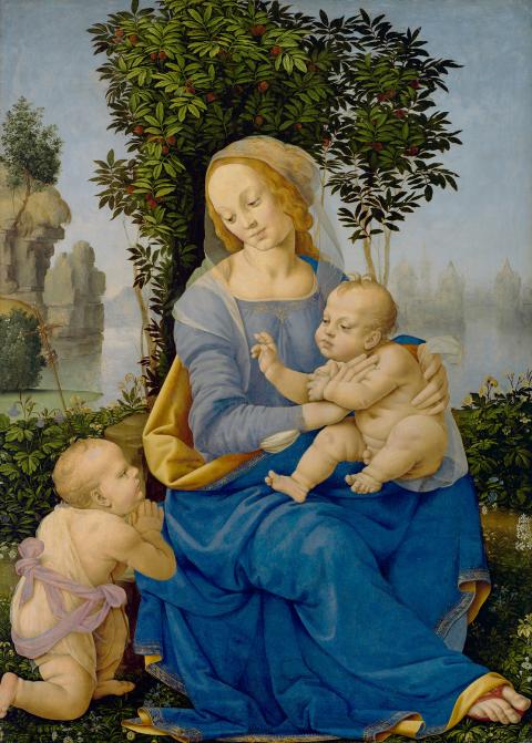 Madonna and Child, Jesus blesses Infant St. John on a riverbank.
